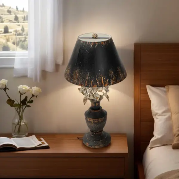 Distressed Black Finish Metal Table Lamp, Classic Vase Shape, Floral Decorative Table Lamp - Ideal for Rustic, Shabby Chic or Antique Decor