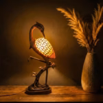 Tiffany Style Crane Bird Table Lamp, Stained Glass, Resin Base, Vintage Ambient Home Lighting