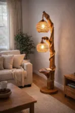 55 Inch Handmade Rustic Wooden Floor Lamp with Rope, Boho Standing Lighting