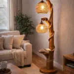 55 Inch Handmade Rustic Wooden Floor Lamp with Rope, Boho Standing Lighting